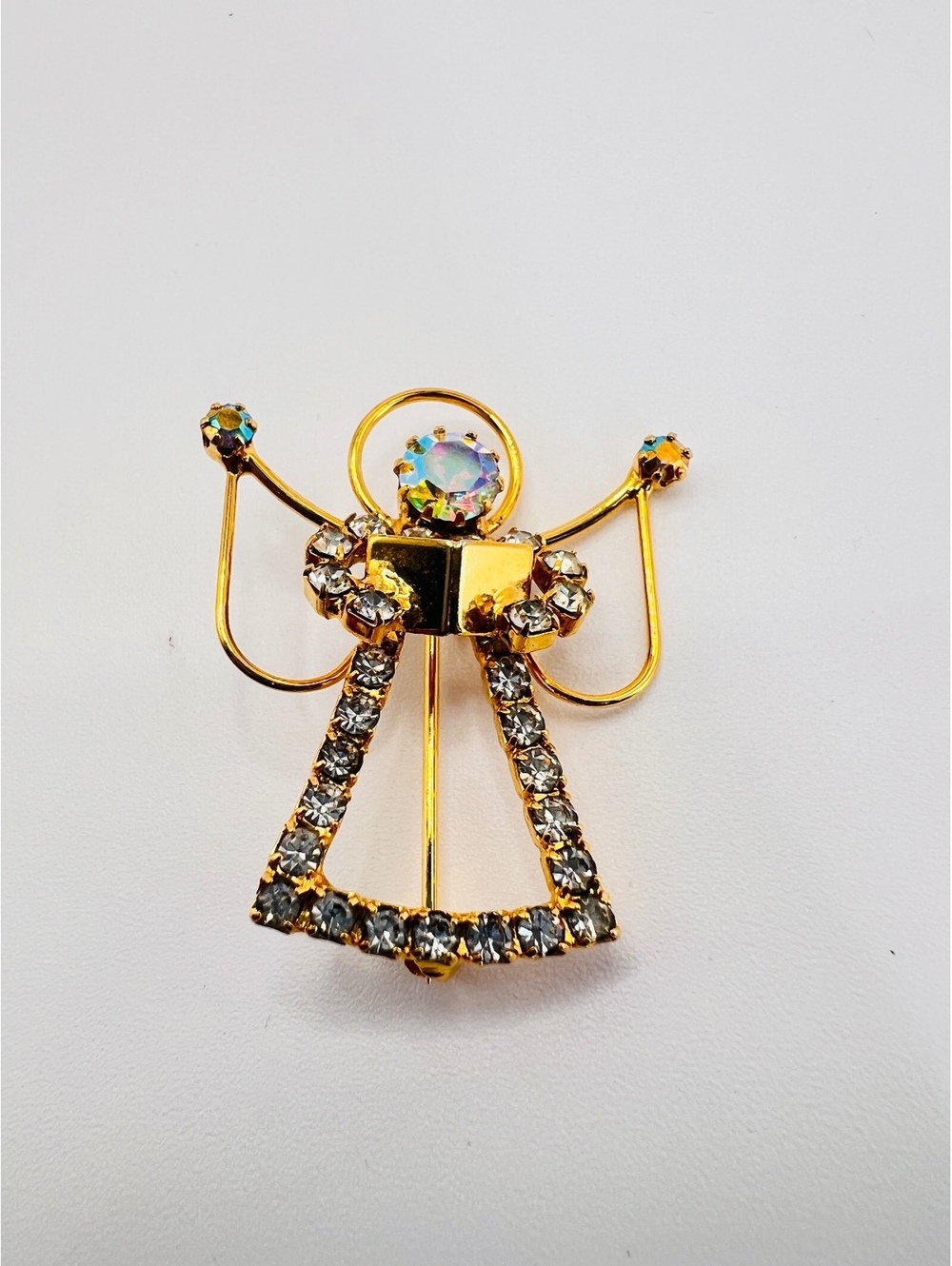 Vintage Gold Tone Angel Brooch AB Crystal Rhinestone Halo Christmas Pin
